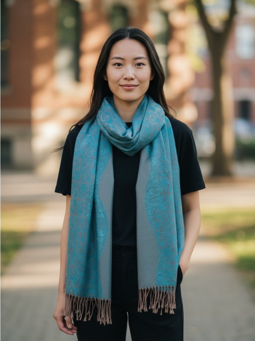 Reversible Teal Paisley 100% Cashmere Scarf